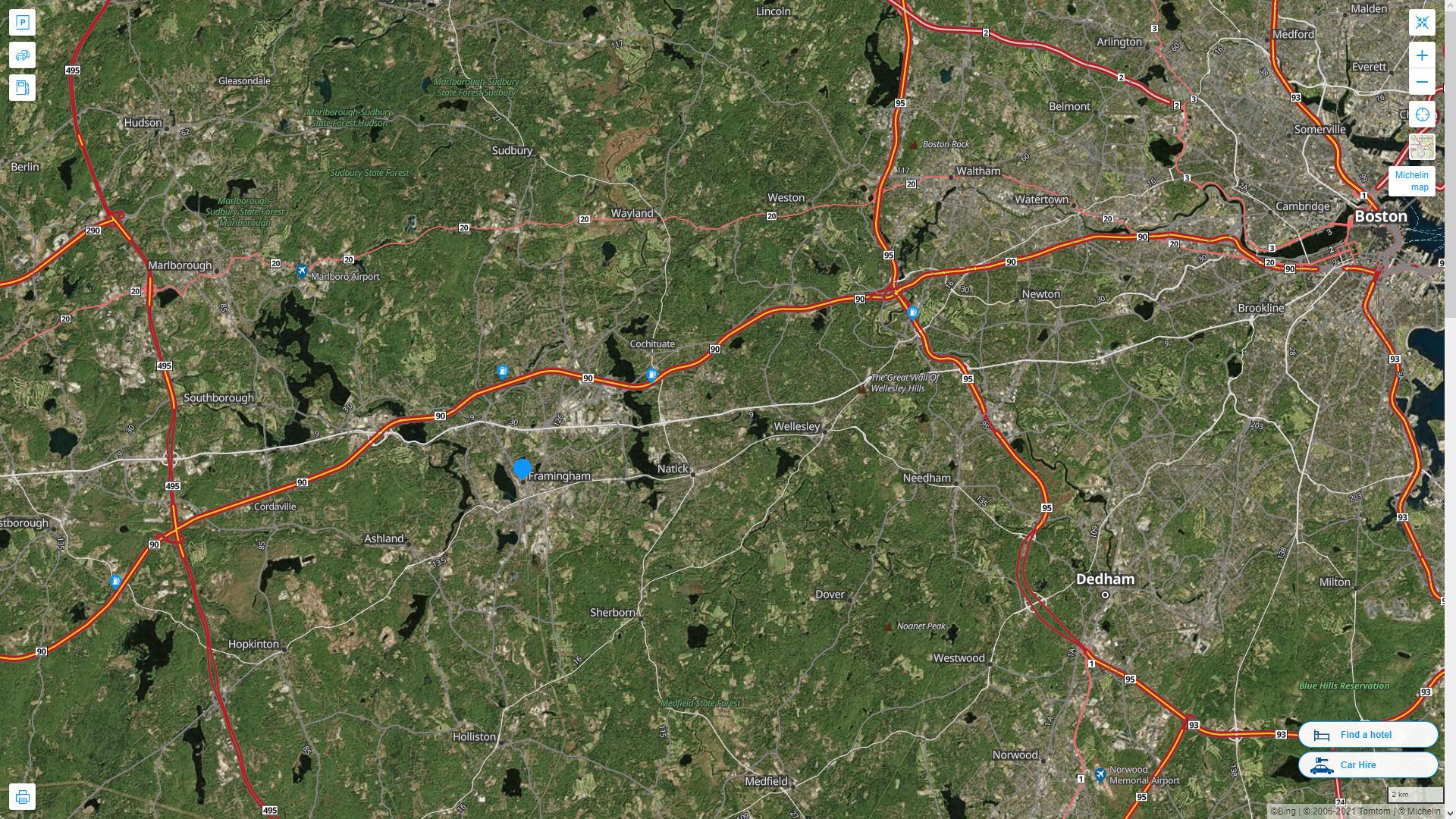 Framingham Massachusetts Highway and Road Map with Satellite View